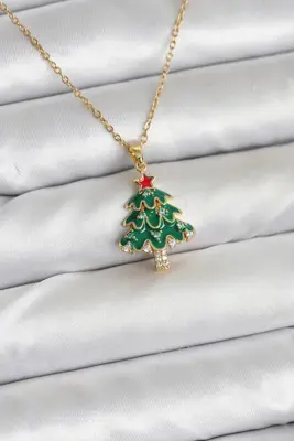 316L Çelik Zincir Gold Renk Çam Ağacı Model Yılbaşı Temalı Kadın Kolye