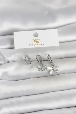 Pirinç Gümüş Renk Kelebek Model 3'lü Kadın Küpe