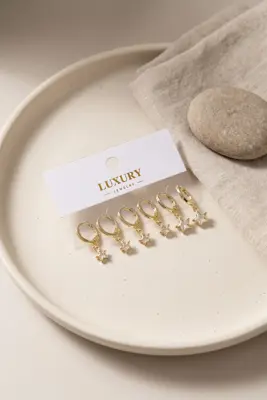 Yıldız Zirkon Taşlı Gold Renk Pirinç Set Küpe