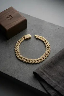 Cuban Zincir Model Zirkon Taşlı Gold Renk Erkek Bileklik