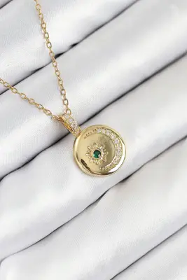 316L Çelik Zirkon Taşlı Ay Ve Güneş Model Gold Renk Kadın Kolye