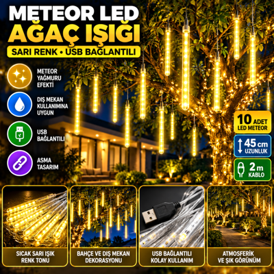 10'lu 45 cm Plastik Meteor LED USB 2M Kablo Sarı Renk Ağaç Işığı – Renk Değiştiren Asmalı Dekoratif Bahçe ve Dış Mekan Aydınlatması
