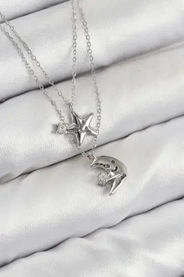 Pirinç Zirkon Taşlı Yıldız Ve Ay Model Gümüş Renk Kadın Kolye