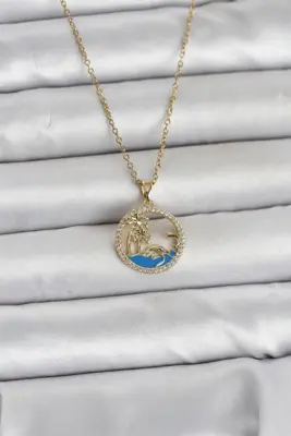 316L Çelik Zincir Gold Renk Zirkon Taşlı Deniz Temalı Kadın Kolye