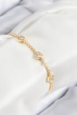 Pirinç Zirkon Taşlı Sıralı Kalp Model Gold Renk Kadın Bileklik