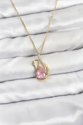 316L Çelik Zincir Gold Renk Pembe Kuğu Model Zirkon Taşlı Kadın Kolye