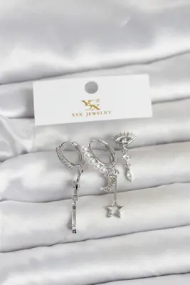 Pirinç Gümüş Renk Zirkon Taşlı Gece Temalı 3'lü Kadın Küpe