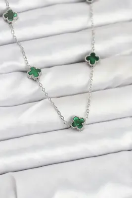 316L Çelik Zincir Gümüş Renk Yeşil Baby Boy Yonca Kadın Kolye