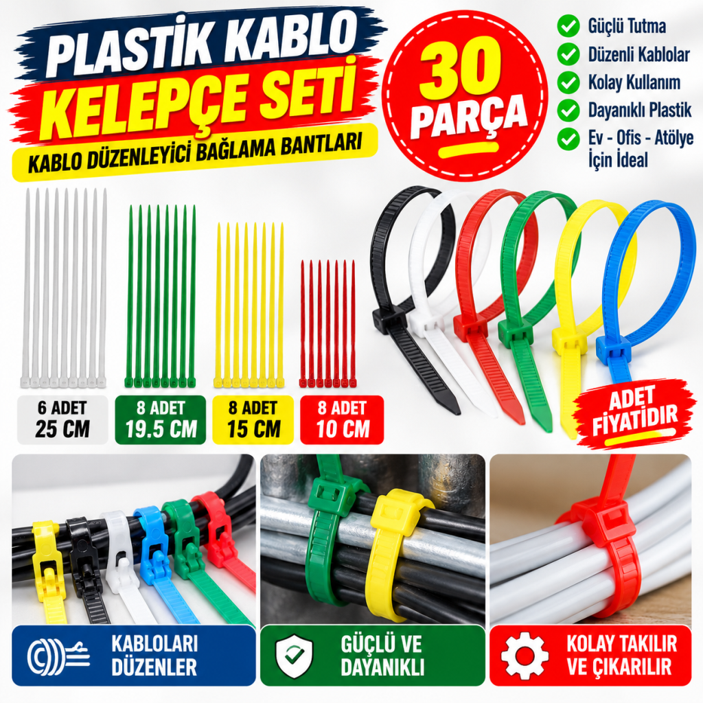 30 Parça Plastik Kablo Kelepçe Seti Kablo Düzenleyici Bağlama Bantları