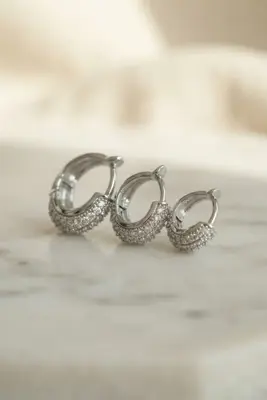 Gümüş Renk 3 lü Zirkon Taşlı Halka Küpe Set
