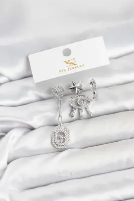 Pirinç Gümüş Renk Göz ve Kutup Yıldızı Model YSX Trio Küpe Seti
