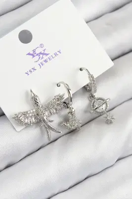 Pirinç Zirkon Taşlı 3'lü Kuş Model Gümüş Renk Kadın Küpe