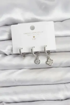 Pirinç Gümüş Renk Yonca Model 3'lü Kadın Küpe Seti