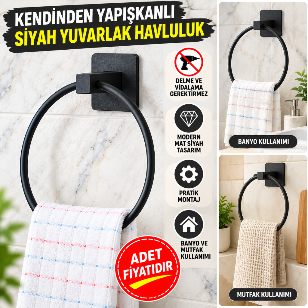 Kendiliğinden Yapışkanlı Siyah Paslanmaz Metal Yuvarlak Havluluk (adet fiyatıdır)