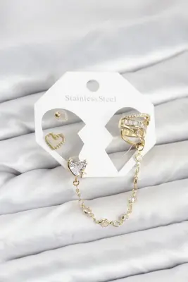 Pirinç Gold Renk Kalp Model Zincir Bağlantılı Ear Cuff Küpe Seti