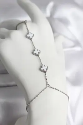 316L Çelik Gümüş Renk Beyaz Yonca Model Kadın Şahmeran
