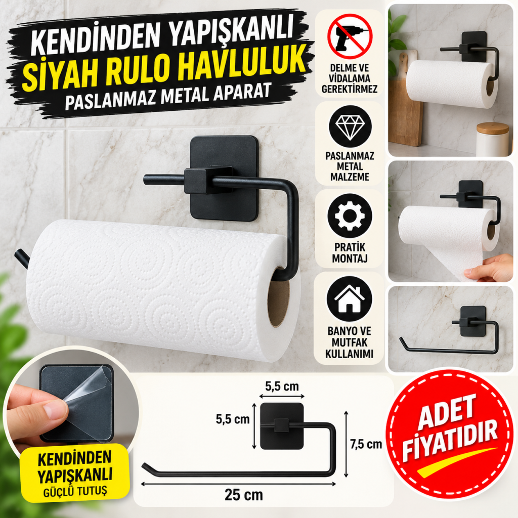 Kendiliğinden Yapışkanlı Siyah Paslanmaz Metal Rulo Havluluk Aparat (adet fiyatıdır)