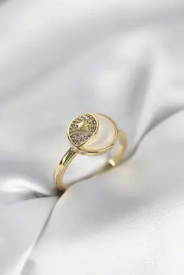 Ay Yıldız Model Gold Renk Zirkon Taşlı Kadın Yüzük
