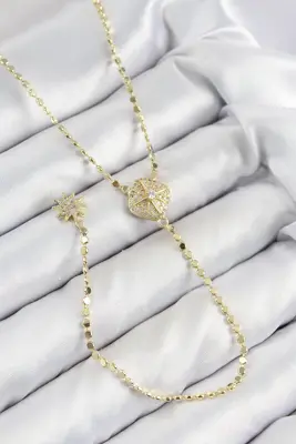 Pirinç Zirkon Taşlı Ezme Zincirli Madalyon Model Gold Renk Y Kolye