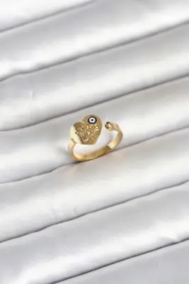 316L Çelik Gold Renk Nazar Detaylı Kalp Model Kadın Yüzük