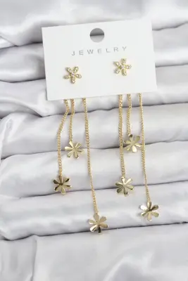 Papatya Model Gold Renk Pirinç Sallantılı Kadın Küpe