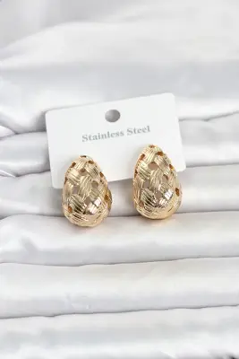 316L Çelik Gold Renk Motifli Damla Kadın Küpe