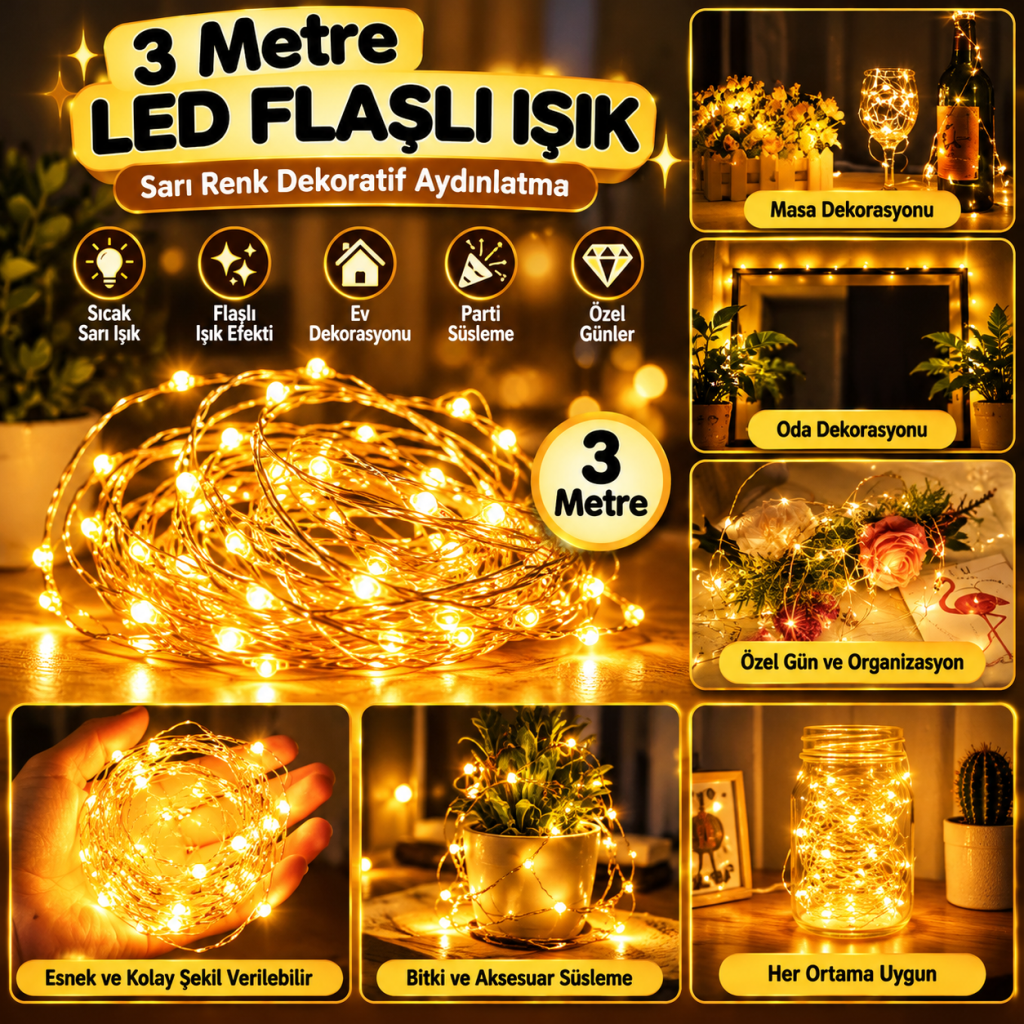 Sarı Peri LED Flaşlı Işık – 3 Metre Dekoratif Oda ve Organizasyon Aydınlatması