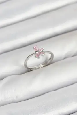 Pirinç Gümüş Renk Pembe Kelebek Kadın Yüzük