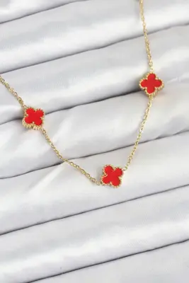 316L Çelik Zincir Gold Renk Kırmızı Baby Boy Yonca Kadın Kolye