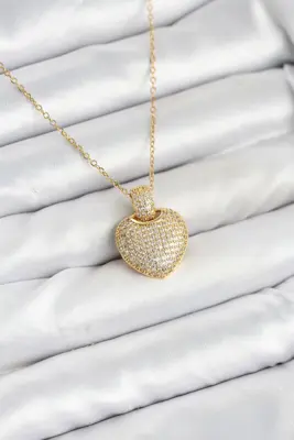 316L Çelik Zincir Gold Renk Zirkon Taşlı Kalpli Kadın Kolye