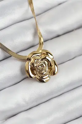 316L Çelik Gül Figürlü İtalyan Zincir Model Gold Renk Kadın Kolye