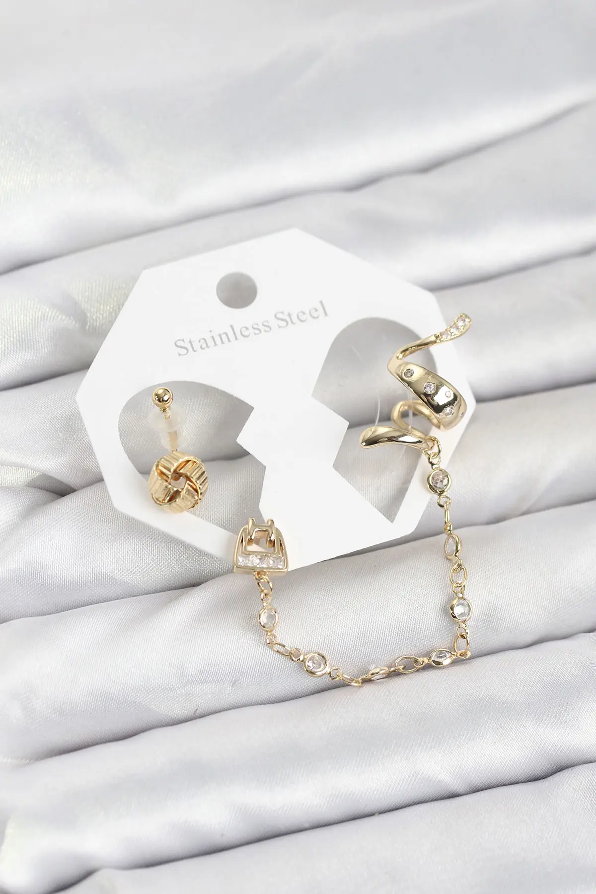 Pirinç Gold Renk Yılan Model Zincir Bağlantılı Ear Cuff Küpe Seti