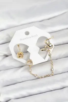 Pirinç Gold Renk Yılan Model Zincir Bağlantılı Ear Cuff Küpe Seti