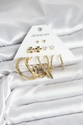 Pirinç Gold Renk 6 Çift Kadın Küpe Seti