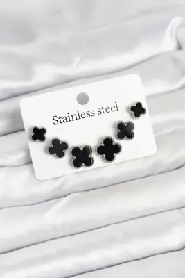 316L Çelik Gümüş Siyah Renk 3 Boy Yonca Küpe Seti