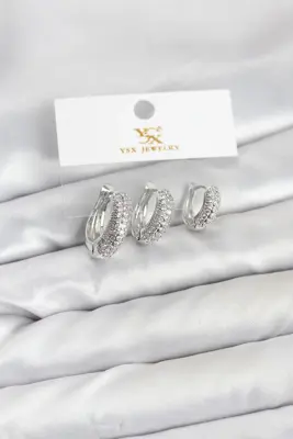 Pirinç Gümüş Renk Zirkon Taşlı Halka Model YSX Trio Küpe Seti