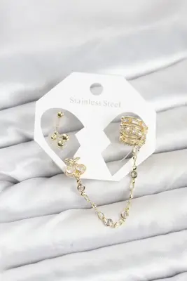 Kiraz Model Pirinç Gold Renk Zincir Bağlantılı Ear Cuff Küpe Seti