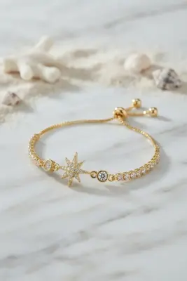 Kutup Yıldızı Model Gold Renk Zirkon Taşlı Asansörlü Bileklik