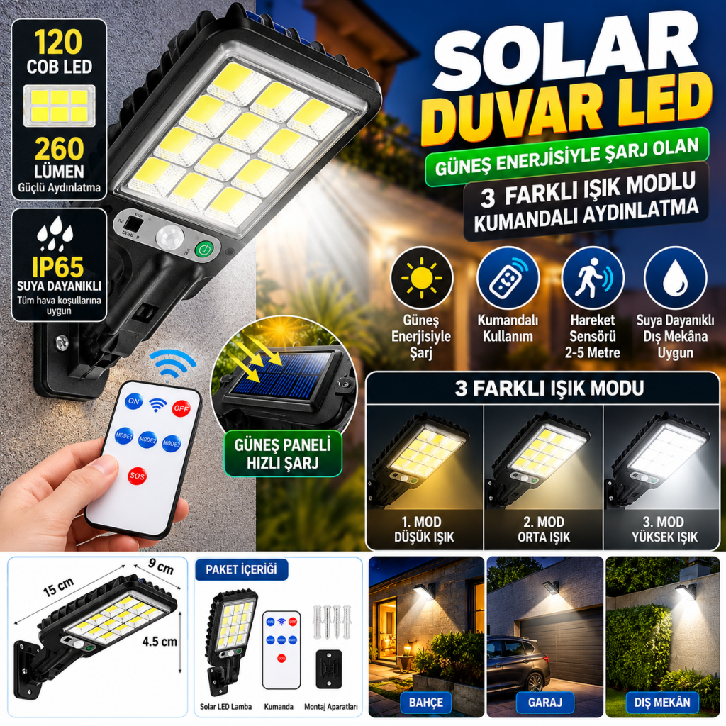 3 Farklı Işık Modlu Güneş Enerjisiyle Şarj Olan Dış Mekan Uyumlu Kumandalı Solar Duvar LEDİ