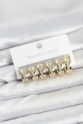 316L Çelik Gold Renk Zirkon Taşlı Halka Küpe Seti