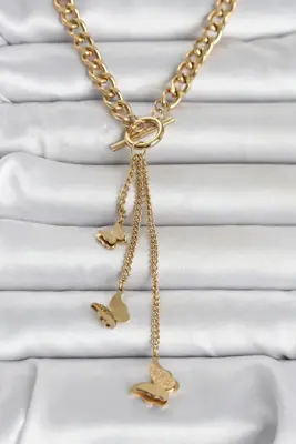 316L Çelik Gold Renk Kelebek Sallantılı Kadın Kolye