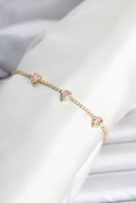 Pirinç Gold Renk Pembe Damla Taş Detaylı Kadın Su Yolu Bileklik