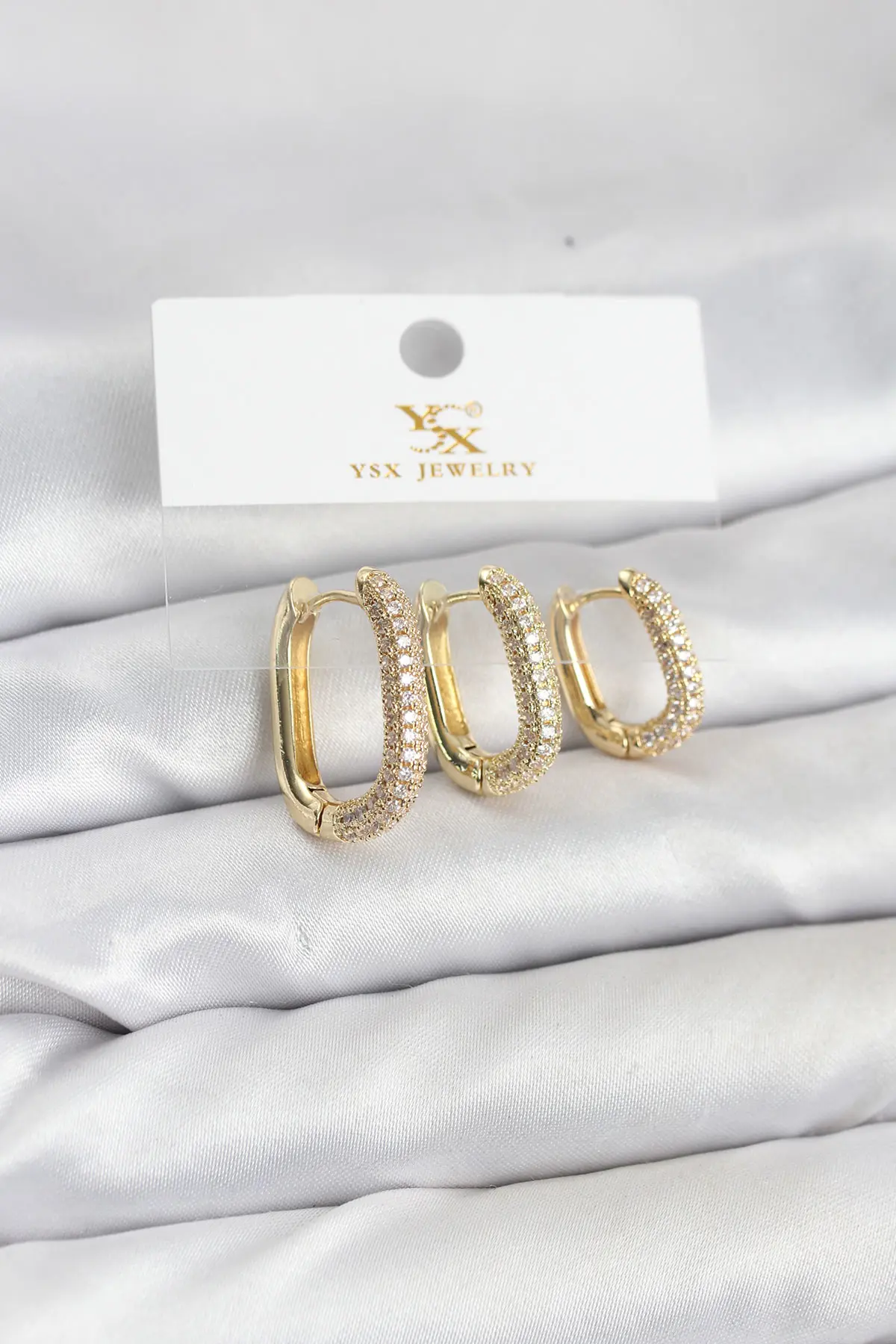 Pirinç Gold Renk Zirkon Taşlı Halka Model YSX Trio Küpe Seti