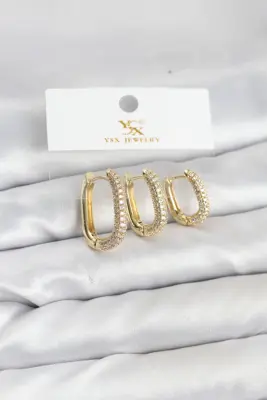 Pirinç Gold Renk Zirkon Taşlı Halka Model YSX Trio Küpe Seti