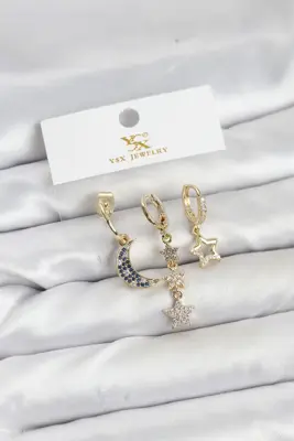 Pirinç Gold Renk Zirkon Taşlı Ay ve Yıldız Model YSX Trio Küpe Seti