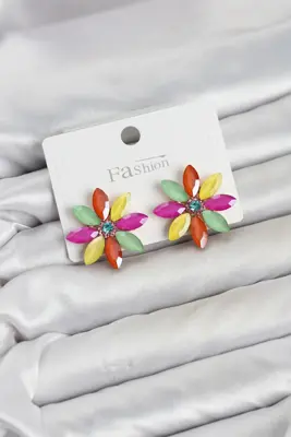 Karışık Renk Kristal Taşlı Lotus Çiçek Model Kadın Küpe