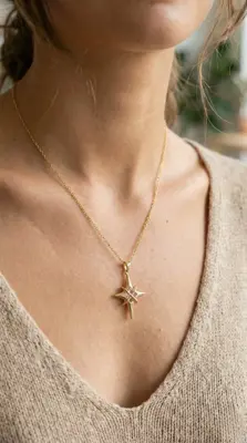 316L Çelik Gold Renk Zirkon Taşlı Kutup Yıldızı Model Kadın Kolye