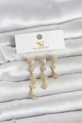 Pirinç Gold Renk Sıralı Kutup Yıldızı Model 3'lü Kadın Küpe