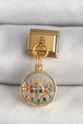 316L Çelik Gold Renk Sallantı Renkli Zirkon Taşlı Göz Model Nomination Charm