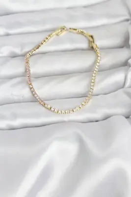 Pembe ve Beyaz Zirkon Taşlı Gold Renk Su Yolu Kadın Bileklik
